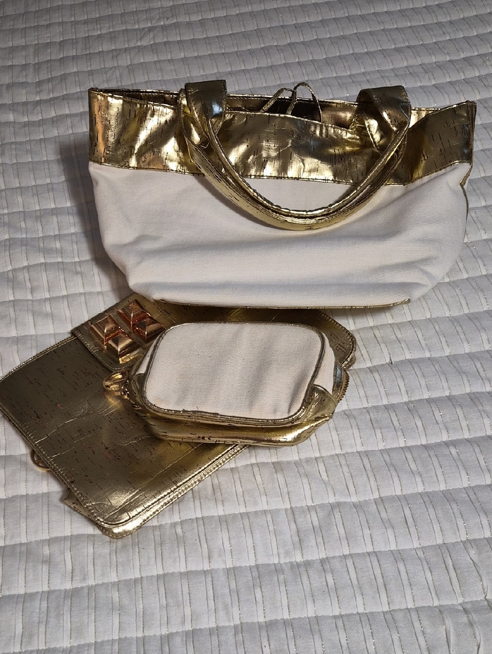 White & Gold Canvas Tote Bag with Two Matching Pouches